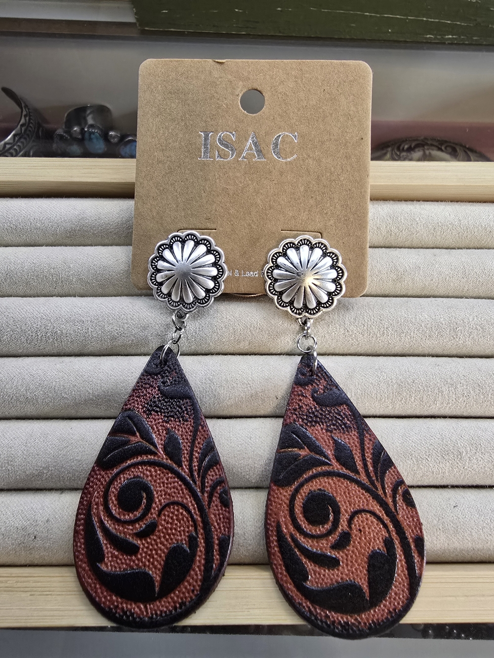 ISAC Brown & Black Teardrop Floral Leather Earrings